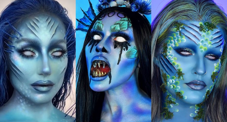 2023 Halloween - Scary Mermaid Makeup with Safe White Contact Lenses